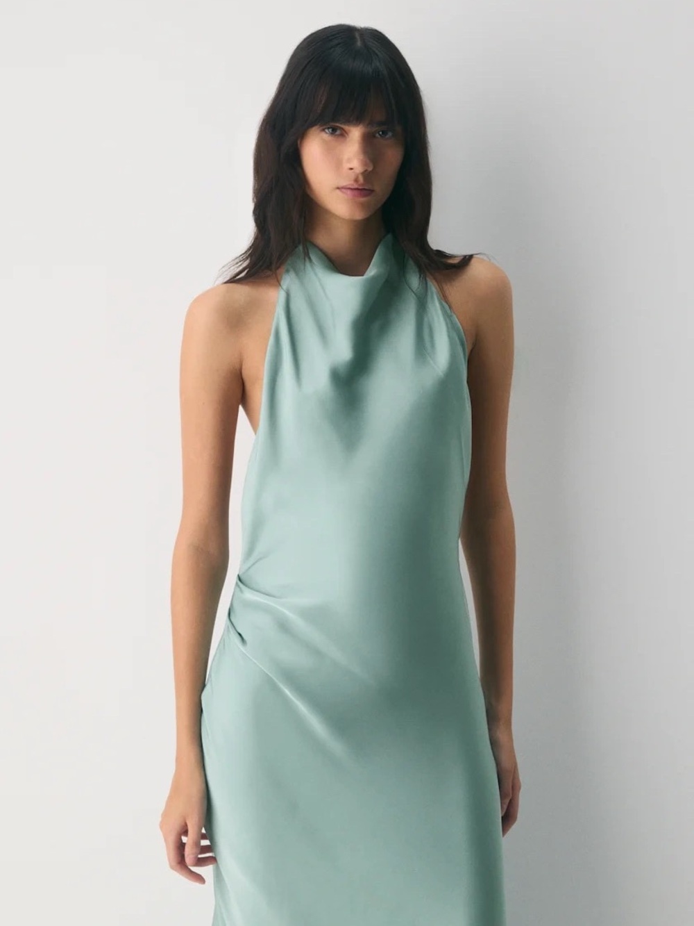 Aritzia Audience Satin Halter Midi Dress in Sage Green